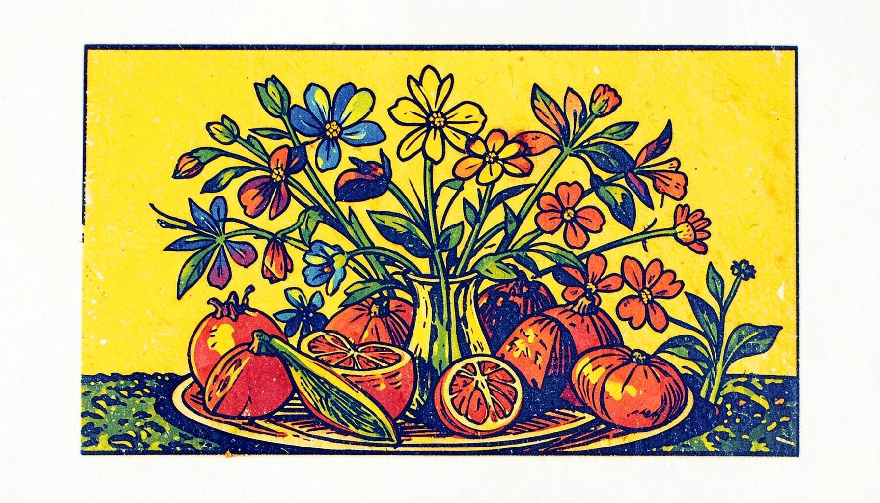 Linoleumtryck av ett midsommarbord med blommor, sillfat och jordgubbar, i klara gula, blå och röda färger.